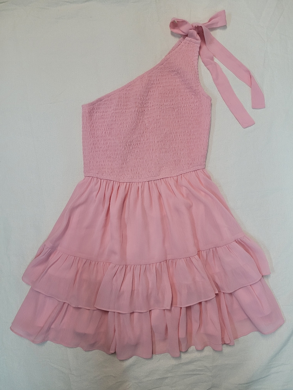 Women’s One-Shoulder Pink Ruffle Tiered Dress, SZ Sm, Party Holiday Glam Chiffon